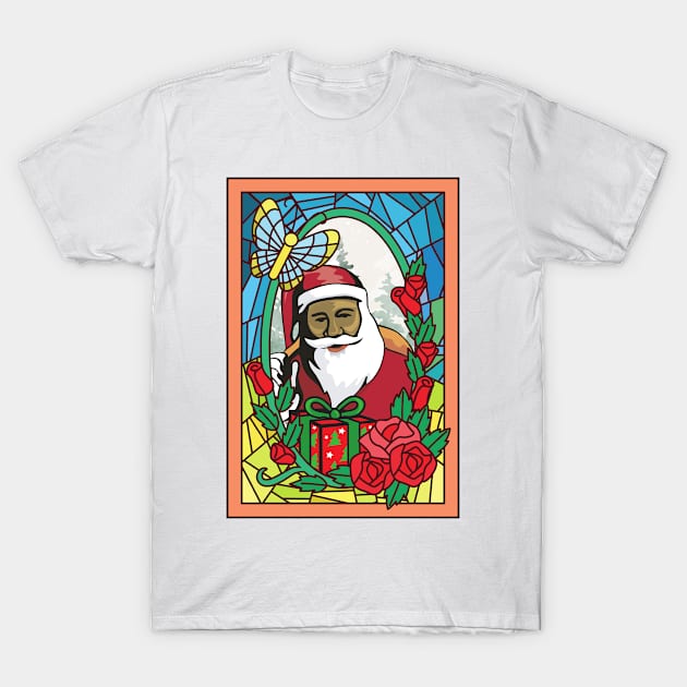 Black Santa Klaus Stained Glass Portrait Saint Nick Christmas in July T-Shirt by ReddBLVD